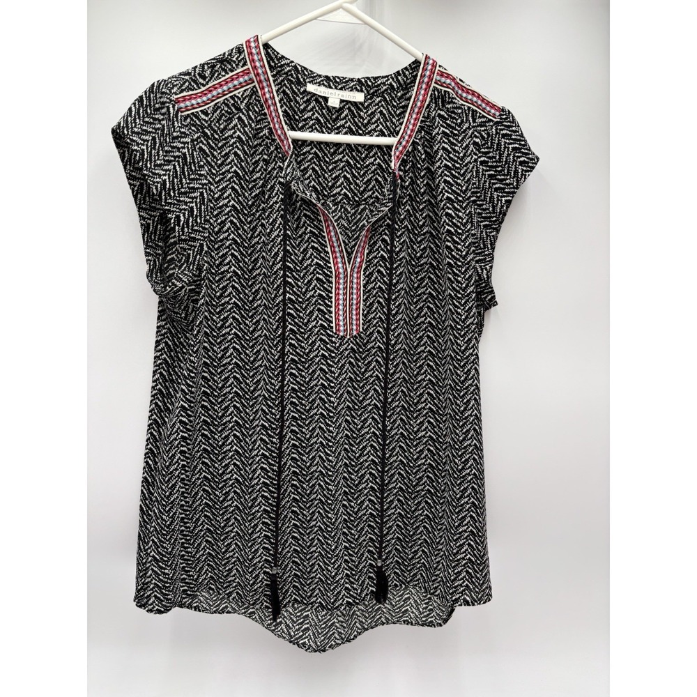 Daniel Rainn Womens Small Black White Boho Tunic‎ Top Tassel Tie Short Sleeve